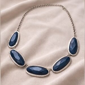 Blue Faceted Glass Statement Geometric Necklace Silver Tone Elegant Modern